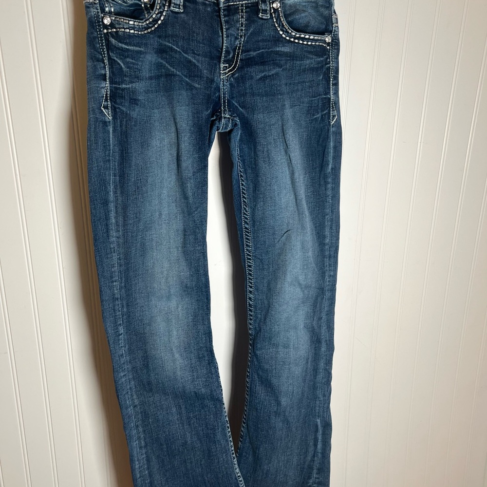 Low Rise Bootcut Jeans by Shayanne Size 26x33 (2) Rhinestones Stitching